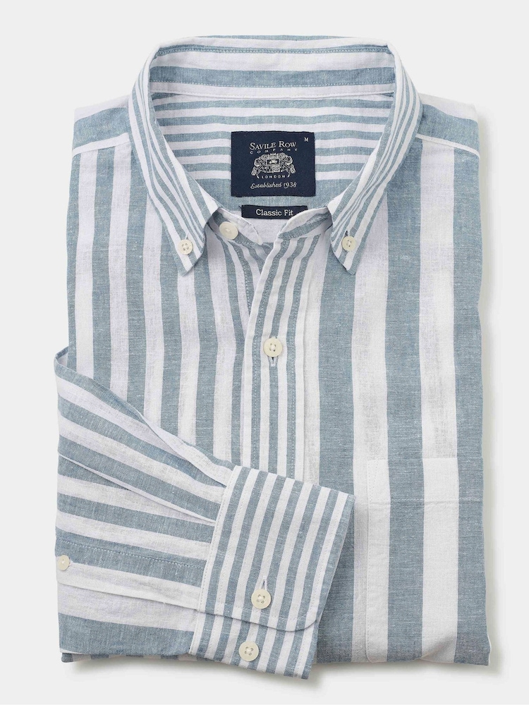 Camisas casuaisSavile Row Company e branco com caimento clássico Stripe Linen - Imagem 1 de 2