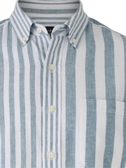 Savile Row Company Blue Classic Fit Variegated Stripe Linen Cotton Blend Casual Shirt - Image 4 of 4