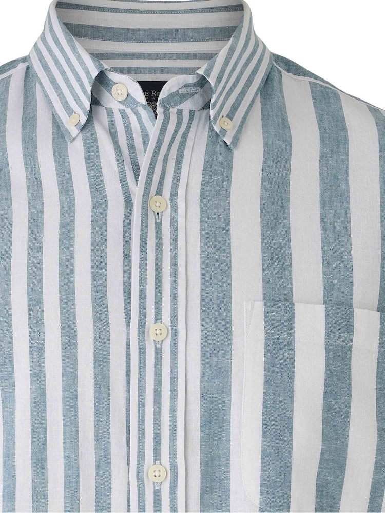 Savile Row Company Blue Classic Fit Variegated Stripe Linen Cotton Blend Casual Shirt - Image 4 of 4