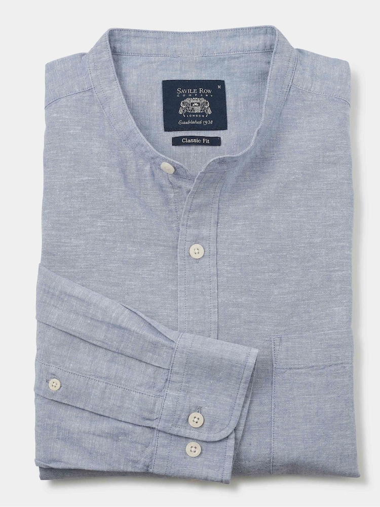 Camisas casuais Savile Row Company azul, Linen algodão, ajuste clássico, gola alta - Imagem 2 de 3