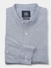 Savile Row Company Blue Denim Linen Cotton Blend Classic Fit Grandad Collar Casual Shirt - Image 4 of 5