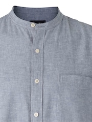 Savile Row Company Blue Denim Linen Cotton Blend Classic Fit Grandad Collar Casual Shirt - Image 5 of 5