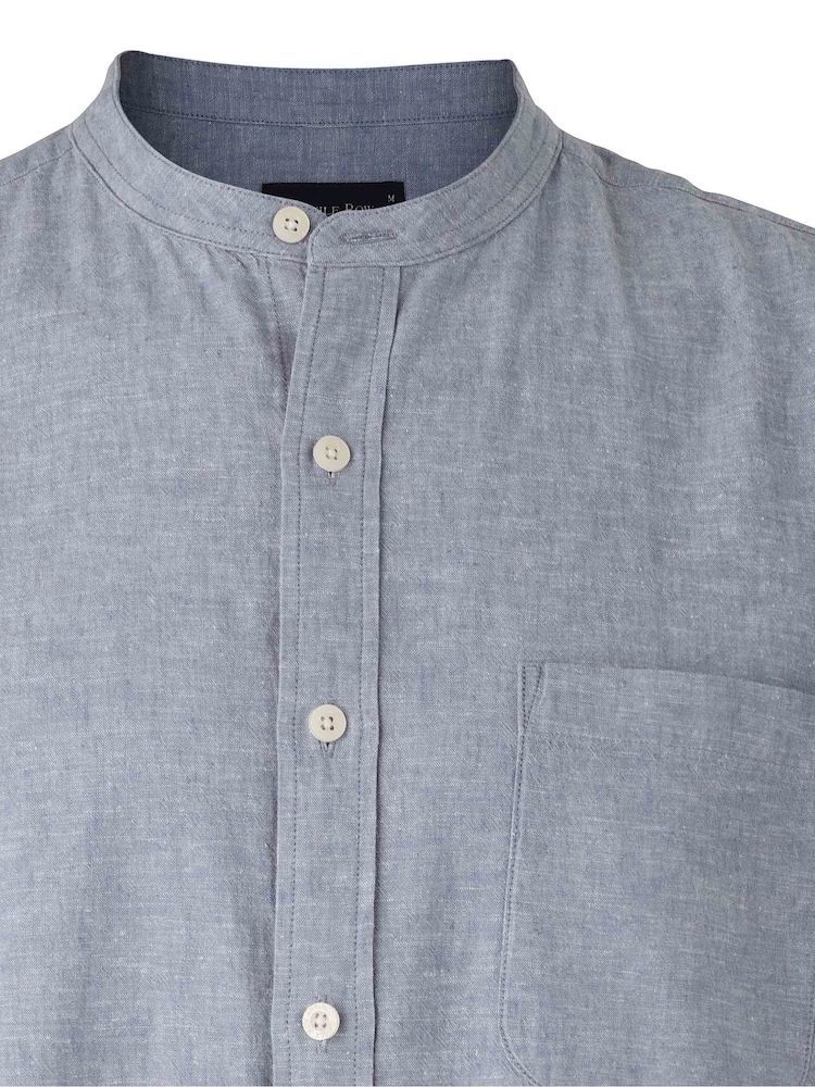 Savile Row Company Blue Denim Linen Cotton Blend Classic Fit Grandad Collar Casual Shirt - Image 5 of 5