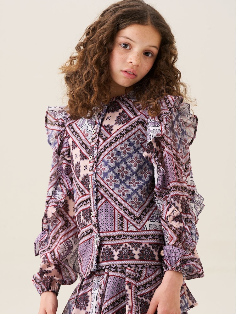 Angel & Rocket Purple Adrienne Frill Sleeve Boho Print Blouse - Image 1 of 6