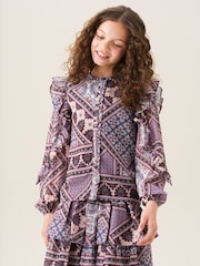 Angel & Rocket Purple Adrienne Frill Sleeve Boho Print Blouse - Image 2 of 6