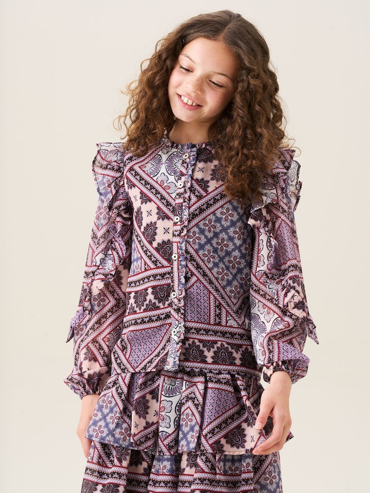 Angel & Rocket Purple Adrienne Frill Sleeve Boho Print Blouse - Image 2 of 6