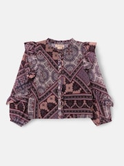 Angel & Rocket Purple Adrienne Frill Sleeve Boho Print Blouse - Image 5 of 6