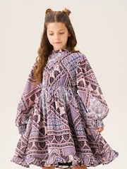 Angel & Rocket Purple Adrienne Balloon Sleeve Boho Print Dress - Image 1 of 7