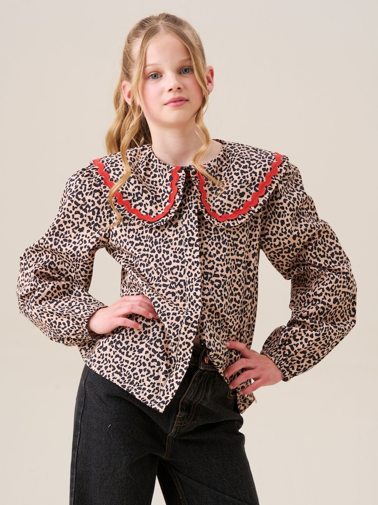 Angel & Rocket Brown Elle Leopard Print Frill Collar Blouse - Image 2 of 10