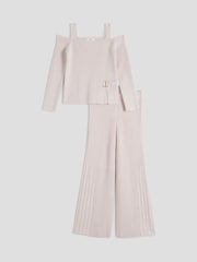 River Island Natural Girls Cable Cold Shoulder Top Jogger Set - Image 1 of 4