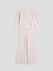River Island Natural Girls Cable Cold Shoulder Top Jogger Set - Image 2 of 4