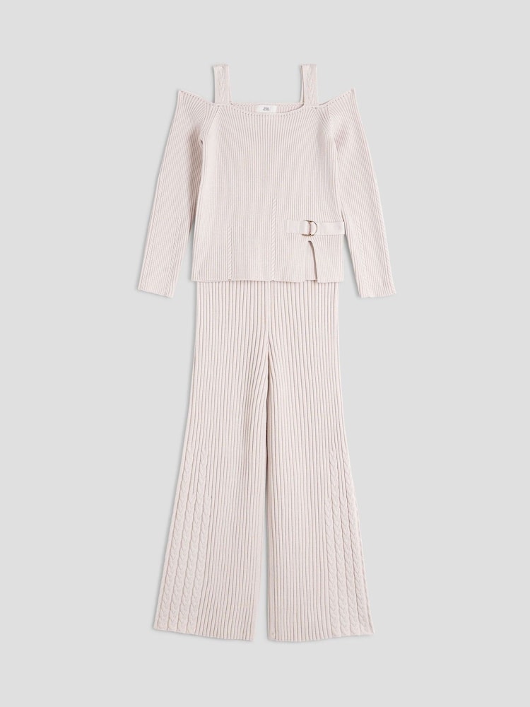River Island Natural Girls Cable Cold Shoulder Top Jogger Set - Image 2 of 4
