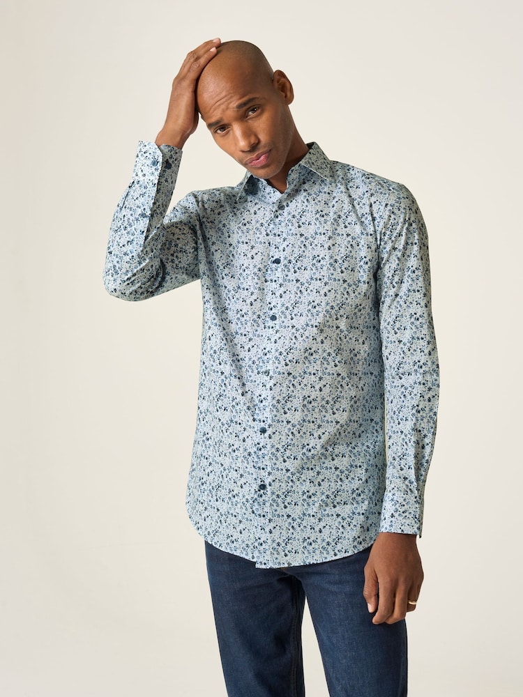 Skopes Blue Floral Print Luxury 100% Cotton Formal Tailored Fit Shirt - Image 1 of 6