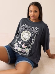 Yours Curve Grey Oversized Boxy T-Shirt - Image 1 of 5