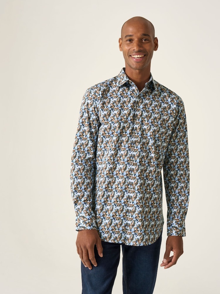 Skopes Blue Brown & Blue Floral Print Luxury 100% Cotton Formal Tailored Fit Shirt - Image 1 of 6