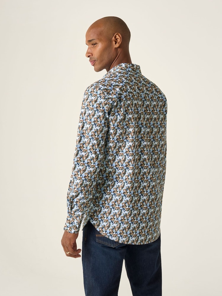 Skopes Blue Brown & Blue Floral Print Luxury 100% Cotton Formal Tailored Fit Shirt - Image 2 of 6