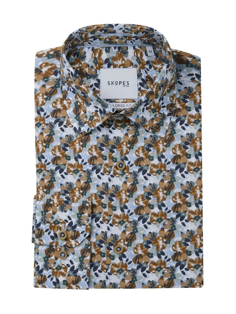 Skopes Blue Brown & Blue Floral Print Luxury 100% Cotton Formal Tailored Fit Shirt - Image 6 of 6