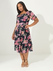 Yours Curve Blue London Mesh Square Neck Dress - Image 1 of 5