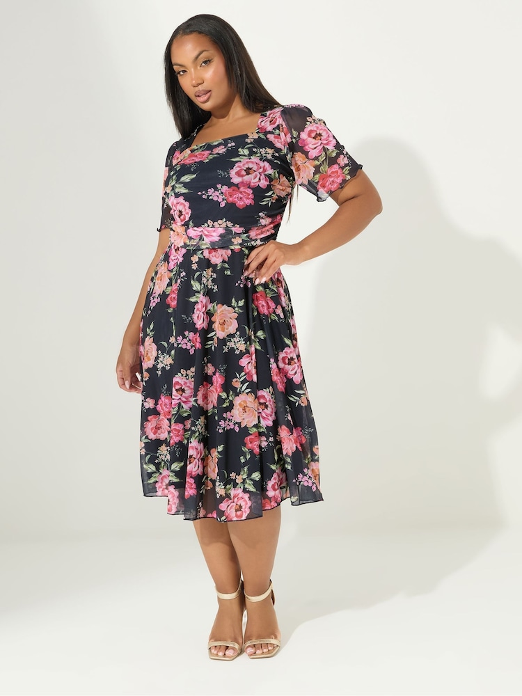 Yours Curve Blue London Mesh Square Neck Dress - Image 1 of 5