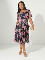 Yours Curve Blue London Mesh Square Neck Dress - Image 2 of 5