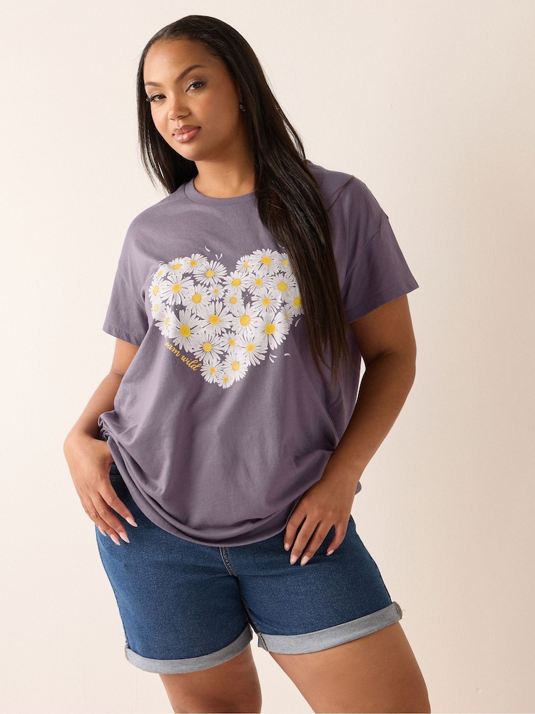 Yours Curve Purple Printed T-Shirt - Image 1 of 5