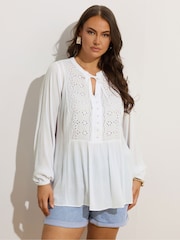 Yours Curve White Broderie Tie Neck Blouse - Image 1 of 5