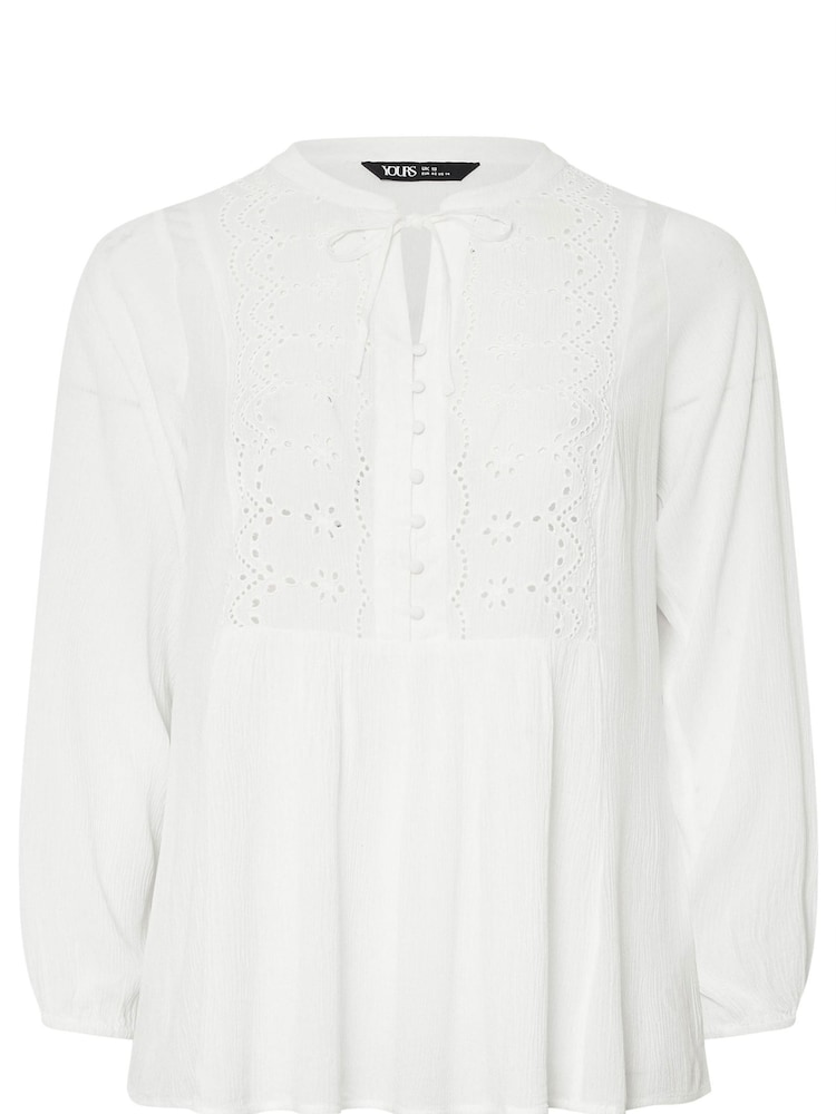 Yours Curve White Broderie Tie Neck Blouse - Image 5 of 5