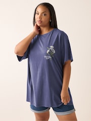Yours Curve Blue Printed T-Shirt - Image 1 of 7