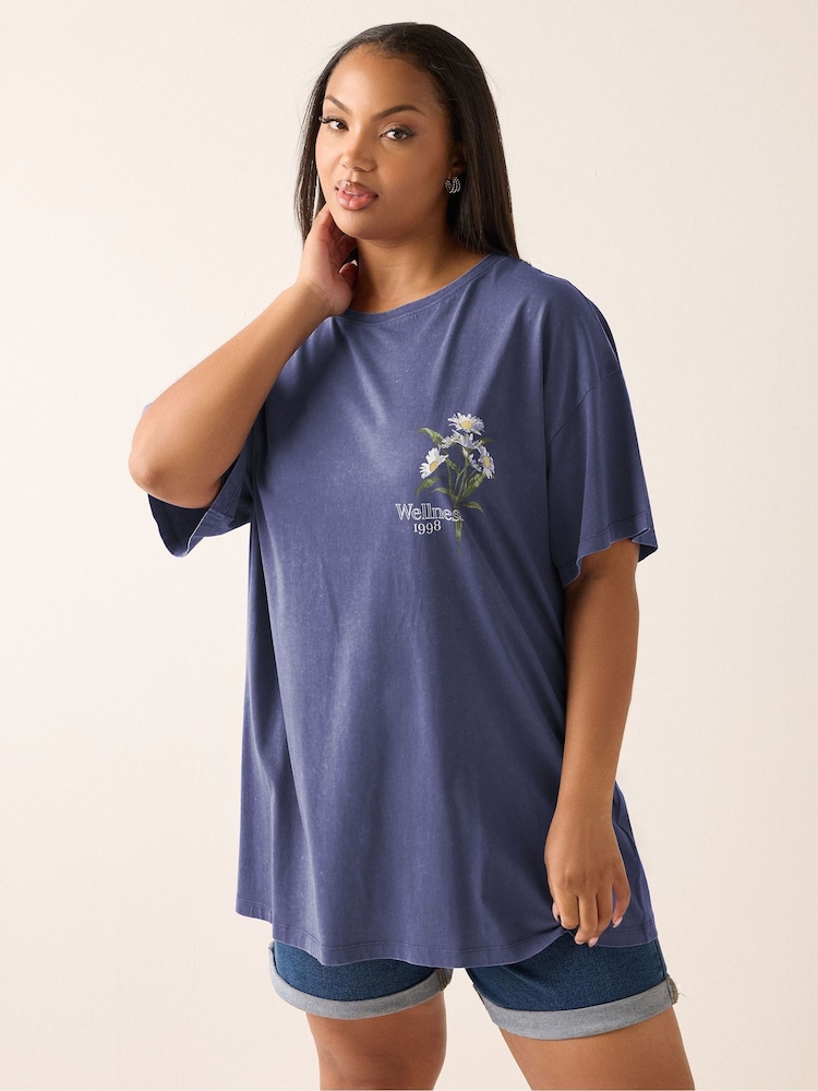 Yours Curve Blue Printed T-Shirt - Image 1 of 7
