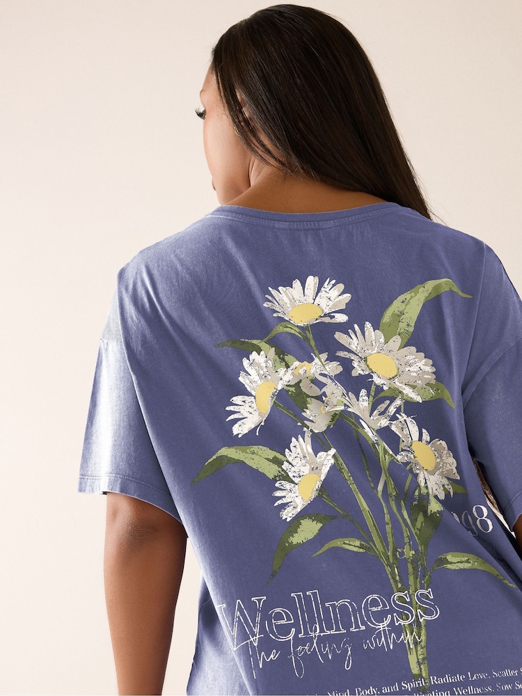 Yours Curve Blue Printed T-Shirt - Image 2 of 7