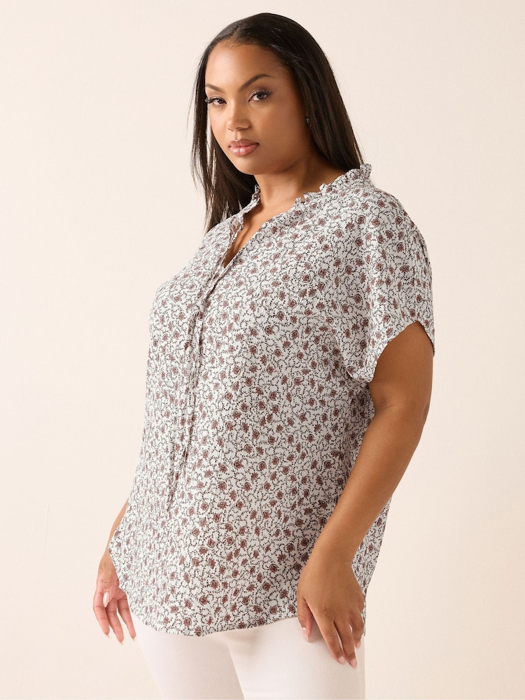 Yours Curve White Textured Frill Neck Blouse - Image 1 of 5