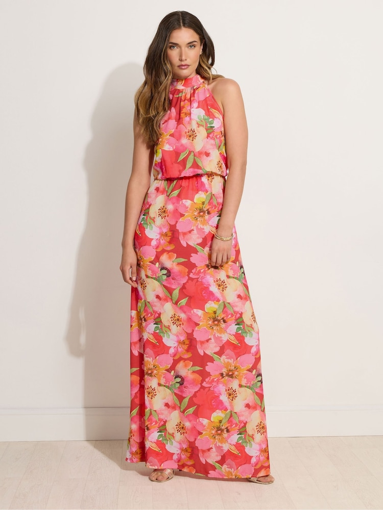Long Tall Sally Red Floral Print Halterneck Dress - Image 2 of 5