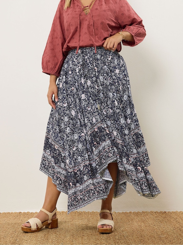 Yours Curve Blue Hanky Hem Skirt - Image 1 of 4