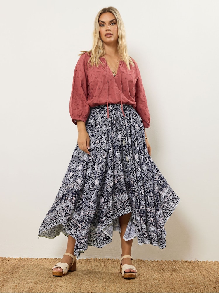 Yours Curve Blue Hanky Hem Skirt - Image 2 of 4