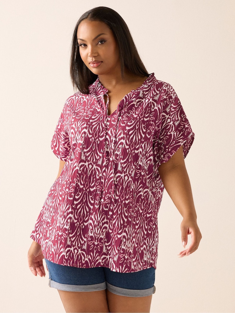 Yours Curve Red Textured Frill Neck Blouse - Image 1 of 5