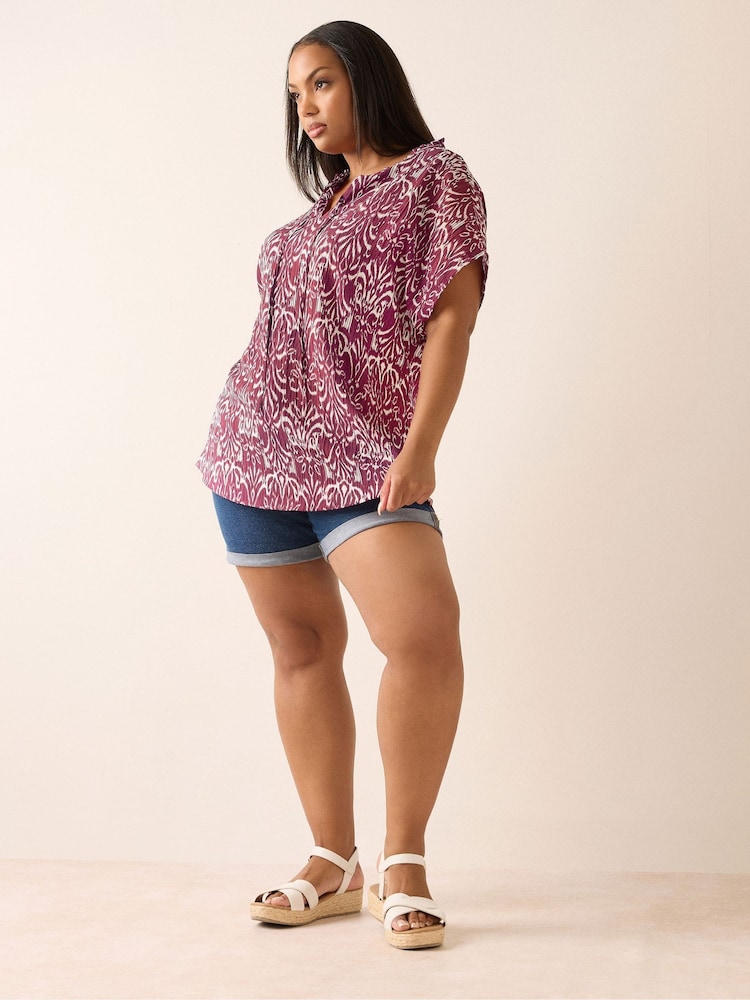 Yours Curve Red Textured Frill Neck Blouse - Image 2 of 5