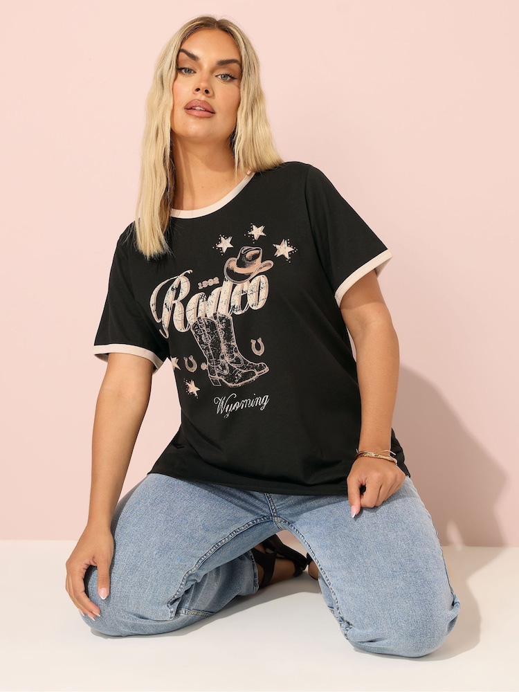 Yours Curve Black Printed T-Shirt - Image 1 of 6