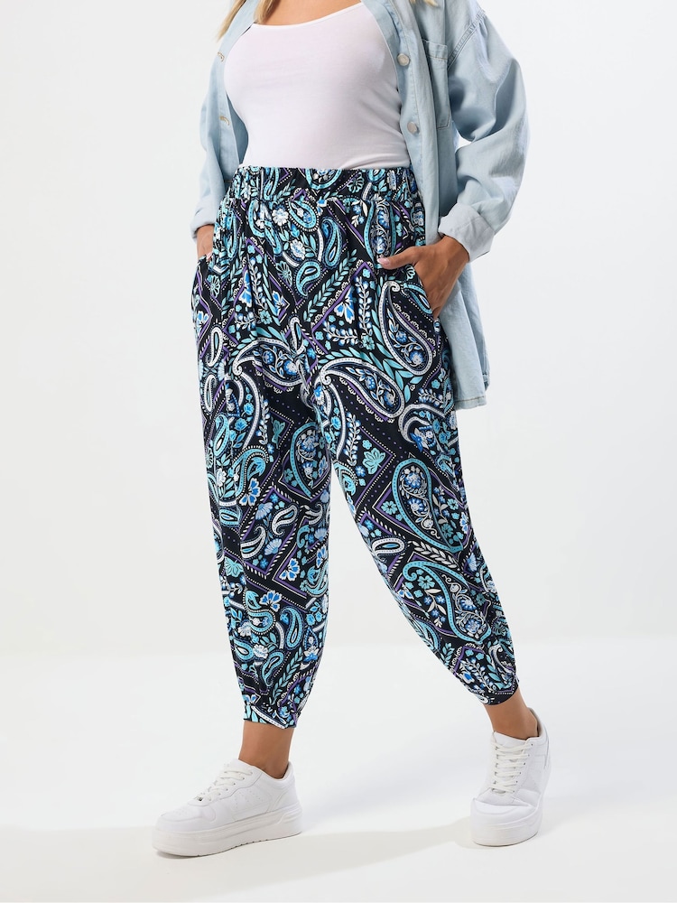 Yours Curve Neon Blue Jersey Cuffed Harem Trousers - Image 1 of 5