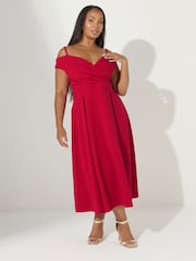 Yours Curve Red London Cold Shoulder Bardot Dress - Image 1 of 5