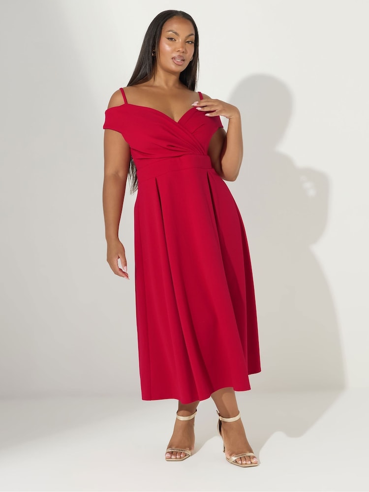 Yours Curve Red London Cold Shoulder Bardot Dress - Image 1 of 5