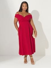 Yours Curve Red London Cold Shoulder Bardot Dress - Image 2 of 5