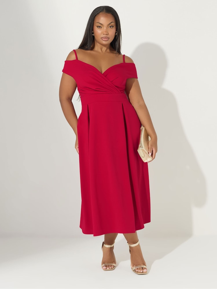 Yours Curve Red London Cold Shoulder Bardot Dress - Image 2 of 5