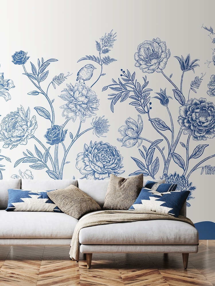 Origin Murals Navy Blue Jacobean Rose Trail 2.8m x 3.5m Wall Mural - Image 1 of 2 Origin Murals Navy Blue Jacobean Rose Trail 2.8m x 3.5m Wall Mural - Image 1 of 2