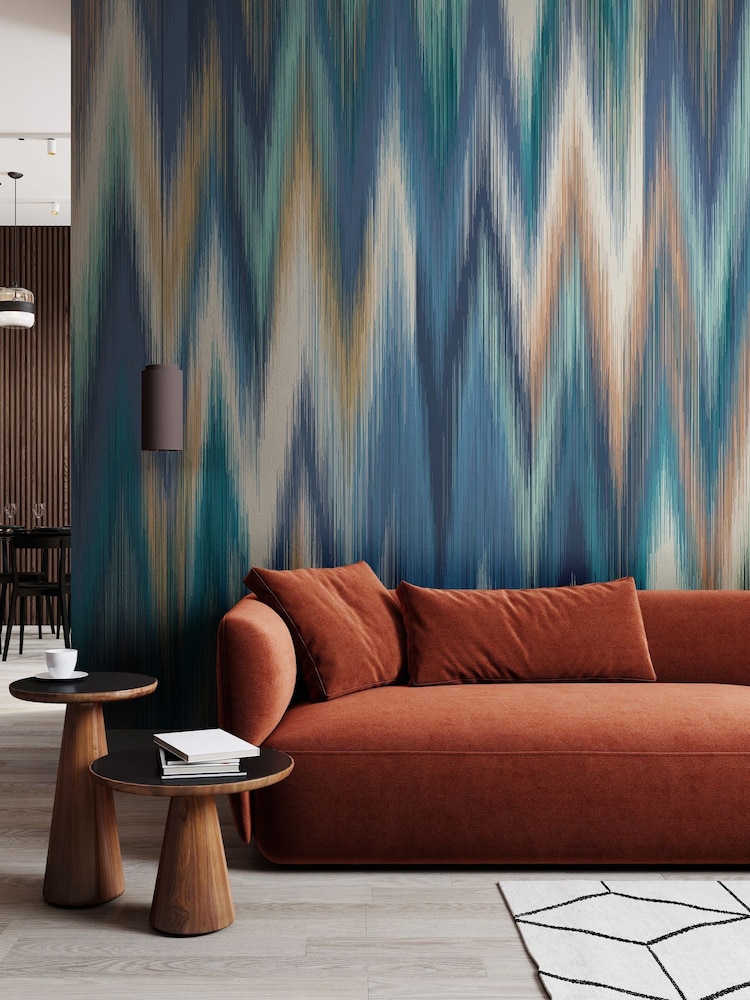 Origin Murals Indigo Blue Ikat Zig Zag 2.8m x 3.5m Wall Mural - Image 1 of 2