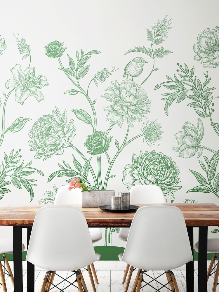 Origin Murals Green Jacobean Rose Trail 2.8m x 3.5m Wall Mural - Image 1 of 4 Origin Murals Green Jacobean Rose Trail 2.8m x 3.5m Wall Mural - Image 1 of 4