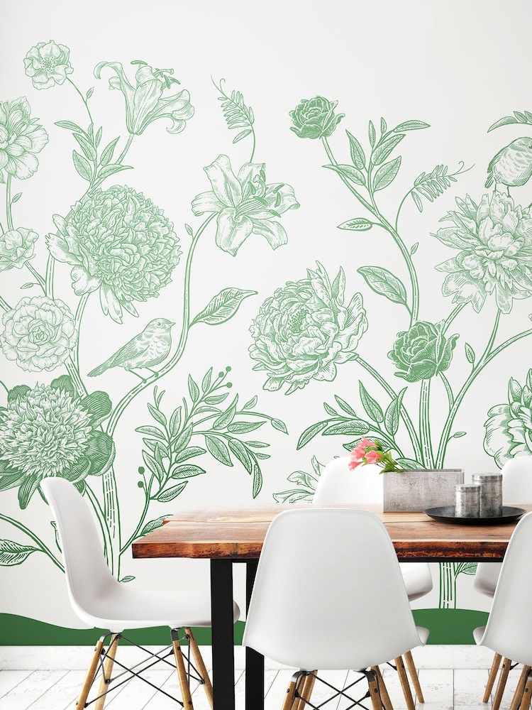 Origin Murals Green Jacobean Rose Trail 2.8m x 3.5m Wall Mural - Image 2 of 4 Origin Murals Green Jacobean Rose Trail 2.8m x 3.5m Wall Mural - Image 2 of 4
