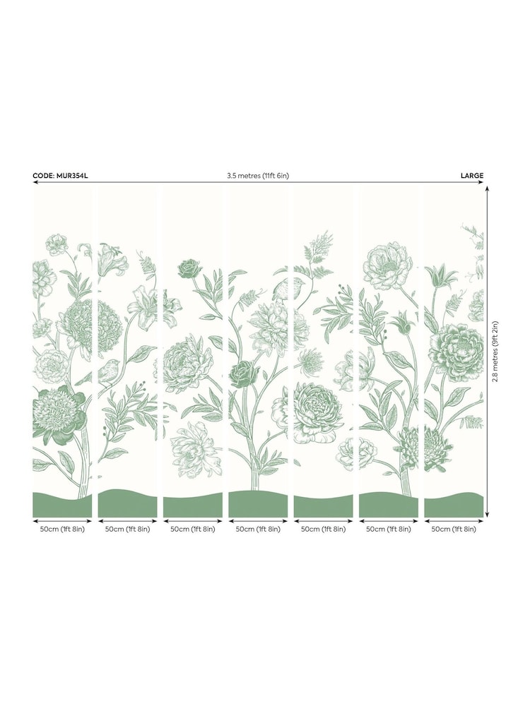 Origin Murals Green Jacobean Rose Trail 2.8m x 3.5m Wall Mural - Image 4 of 4 Origin Murals Green Jacobean Rose Trail 2.8m x 3.5m Wall Mural - Image 4 of 4