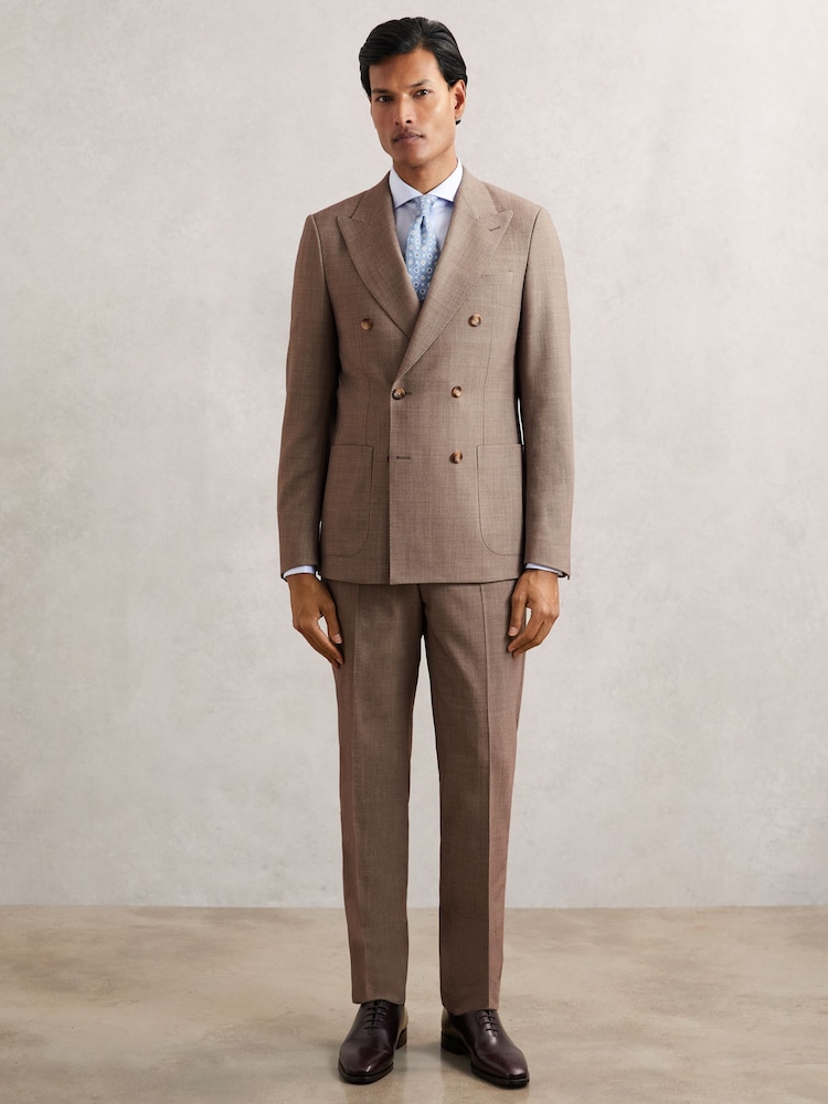 Reiss Brown Belmont Db Slim-Fit Double-Breasted Textured Suit Blazer With Wool - Image 1 of 7