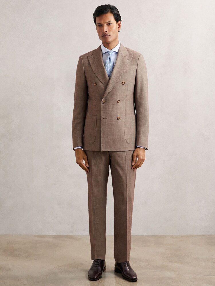 Reiss Brown Belmont Db Slim-Fit Double-Breasted Textured Suit Blazer With Wool - Image 1 of 7 Reiss Brown Belmont Db Slim-Fit Double-Breasted Textured Suit Blazer With Wool - Image 1 of 7
