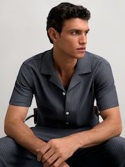 Reiss Petrol Blue Arnott Textured-Stripe Cuban-Collar Shirt - Image 1 of 5